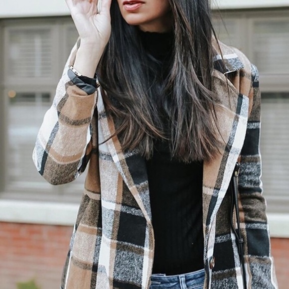 long trench coat Single Button Plaid pea Coat camel tan black fall  long line - Picture 7 of 8